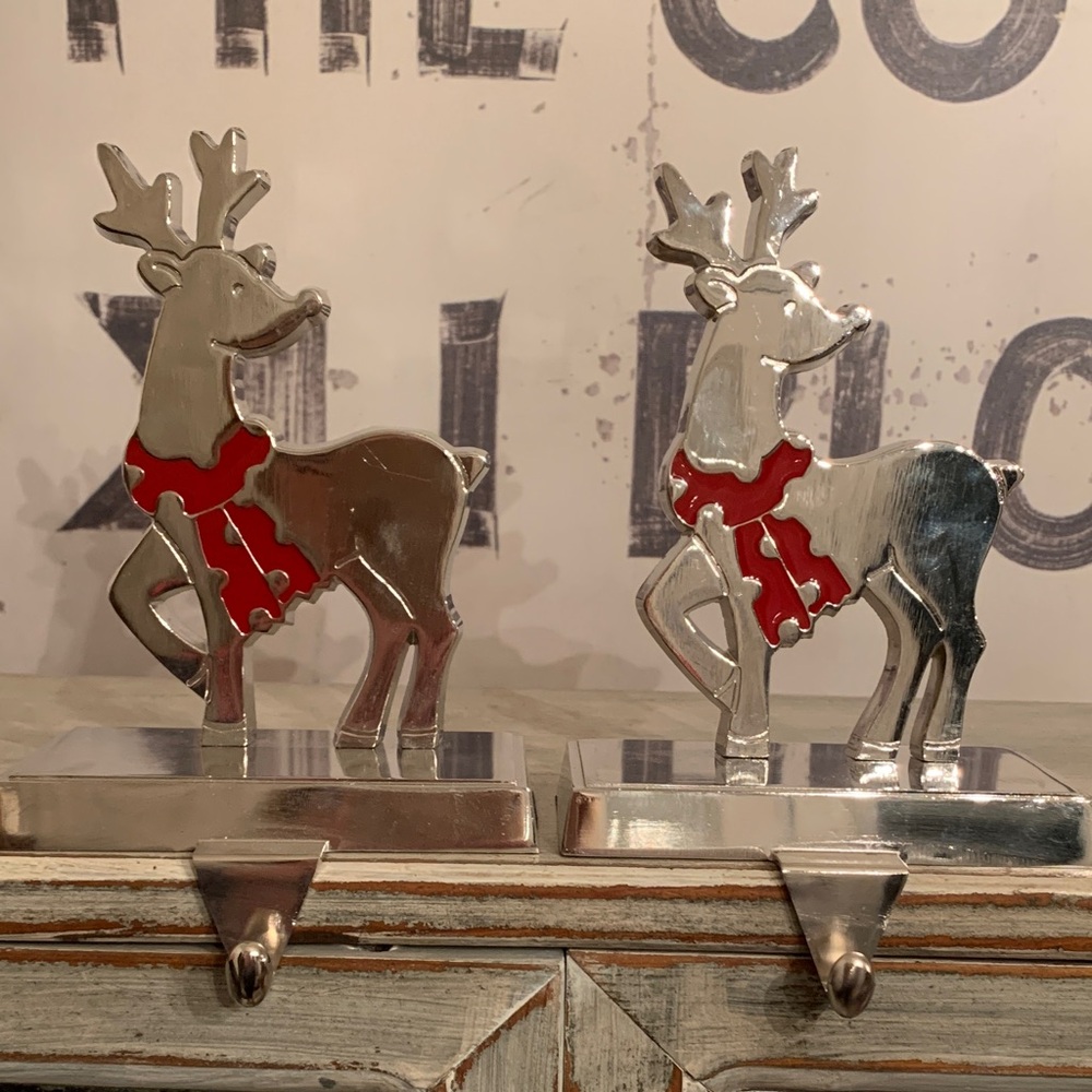 Silver Reindeer Stocking Holder Set with Red Accents